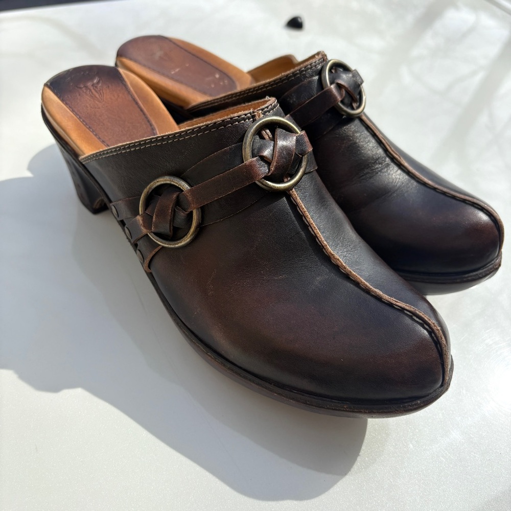 Frye Dark Brown Leather Heeled Mules with Brass Rings
